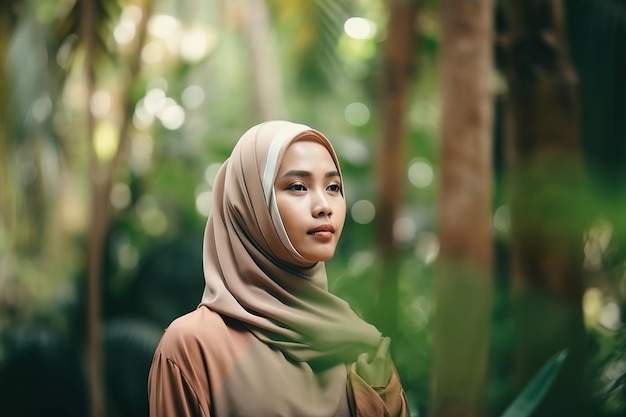 A woman in a light brown hijab stands in a forest.