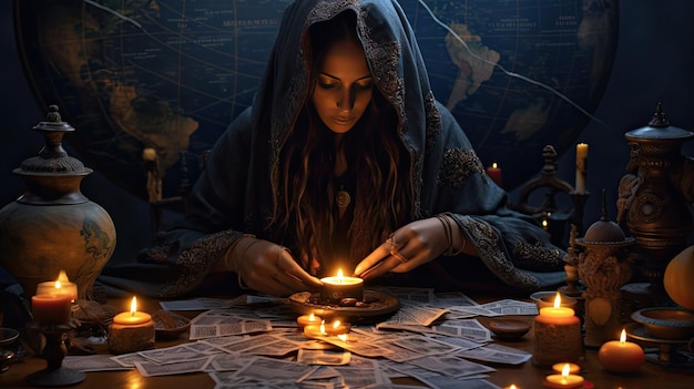 a woman lights candles in a dark room.