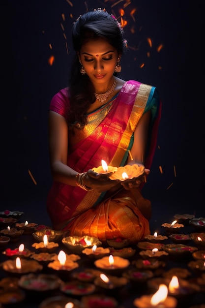 a woman lights candles in front of a candle.