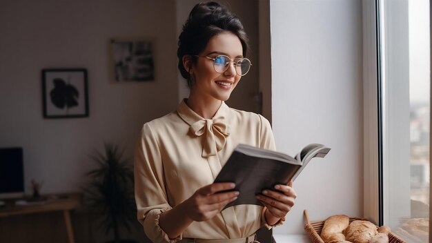 Photo woman likes spend time with reading indoor shot of cute creative and smart female in trendy outfit