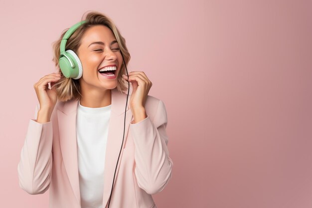 Woman listening to an audio book on green headphones Pink color Streaming service Generative AI