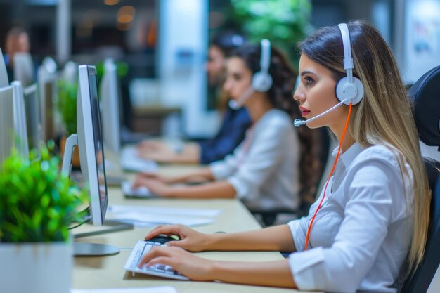 Woman Listening to Headphones at Computer