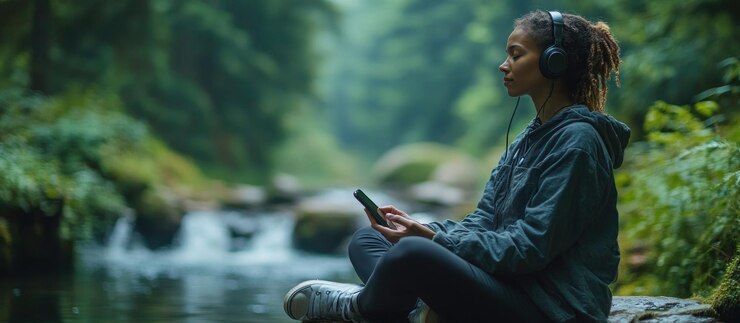 Woman Listening to Music by the Creek