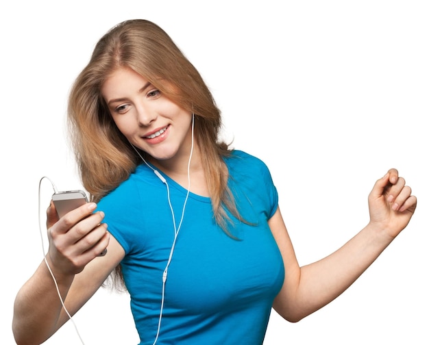 Photo woman listening music in phone on background