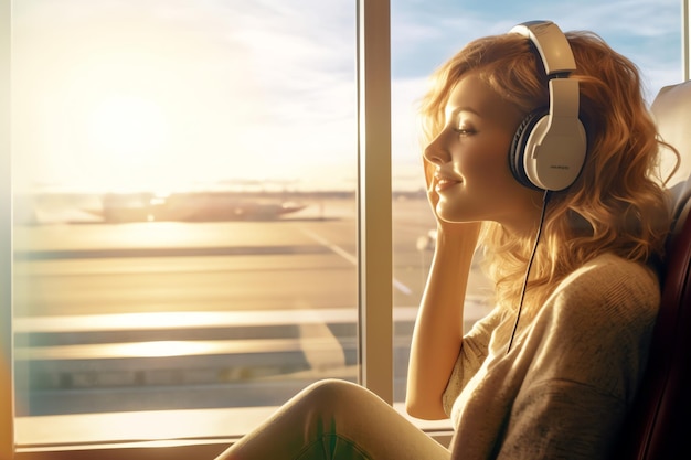 A woman listening to music on a plane