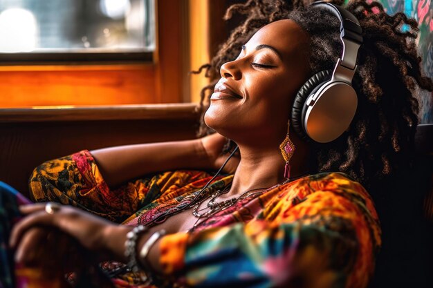 Woman listening music or relaxing nature sounds in large headphones people of color poc black young woman enjoying her life mental health work life balance concept ai generated content