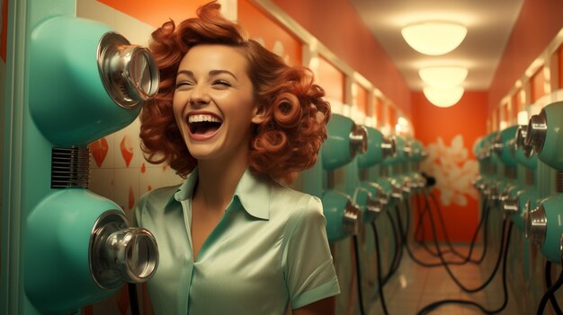 Woman listening to music in retro room retro style