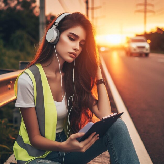 Photo woman listening to music and singing