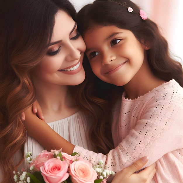 a woman and a little girl are hugging each other with flowers