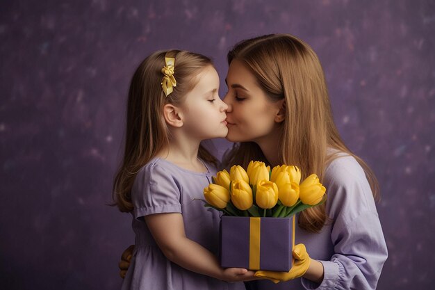 Foto una donna e una ragazzina stanno baciando una scatola di tulipani