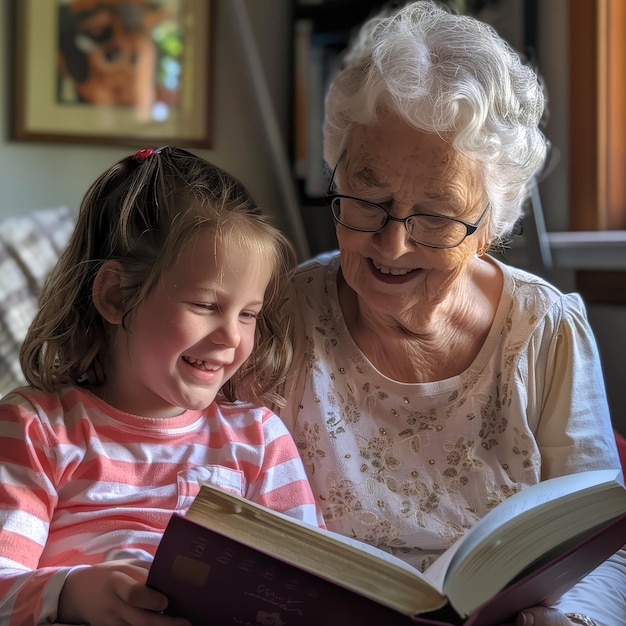 A woman and a little girl are sitting together and reading a book