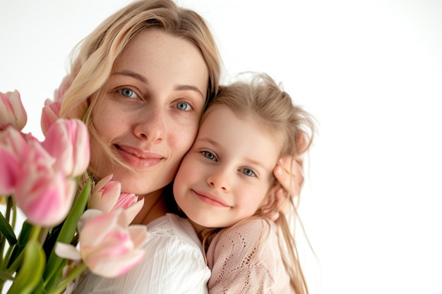 한 여자 와 작은 소녀 가 꽃 어리 를 들고 미소 짓고 있다