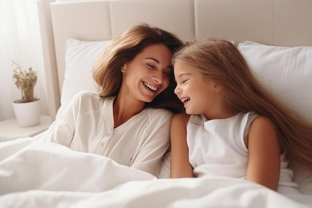 a woman and a little girl laying in bed