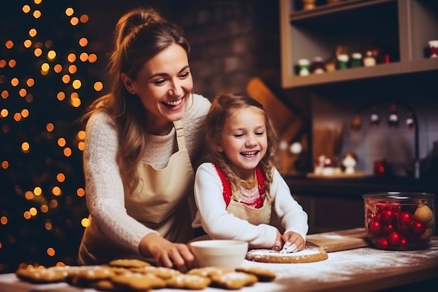 A woman and a little girl making cookies