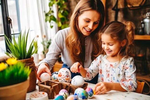 Woman and Little Girl Painting Easter Eggs