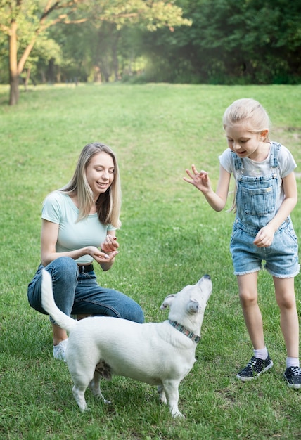 Woman and little girl playing with a dog breed Jack Russell Terrier