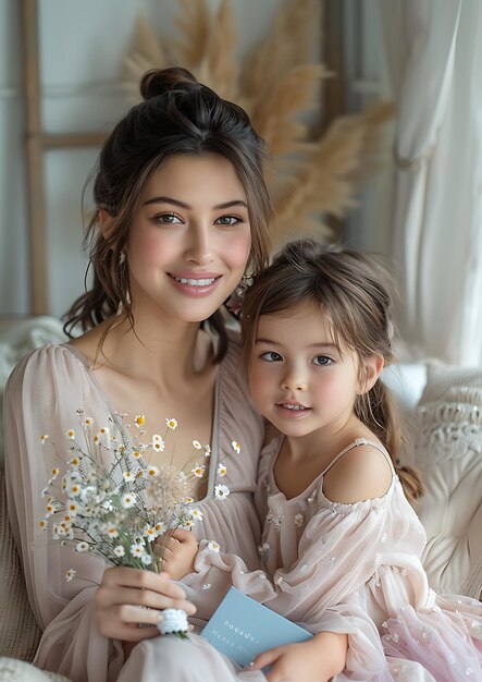 Photo a woman and a little girl pose for a picture with a flower in her hand