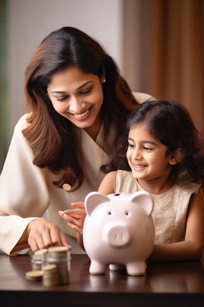 a woman and a little girl putting coins in a piggy bank