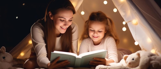 a woman and a little girl reading a book