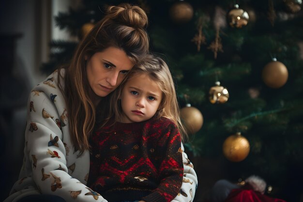 A woman and a little girl sitting in front of a christmas tree Generative AI