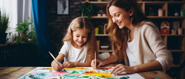 a woman and a little girl sitting at a table painting