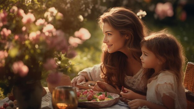 A Woman and a Little Girl Sitting at a Table With Food