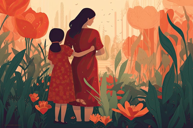 A woman and a little girl stand in a field of flowers