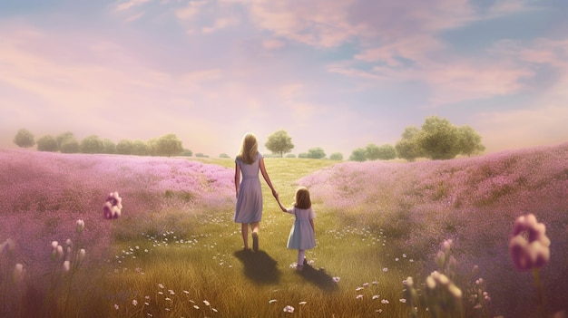 A woman and a little girl walk through a field of flowers.