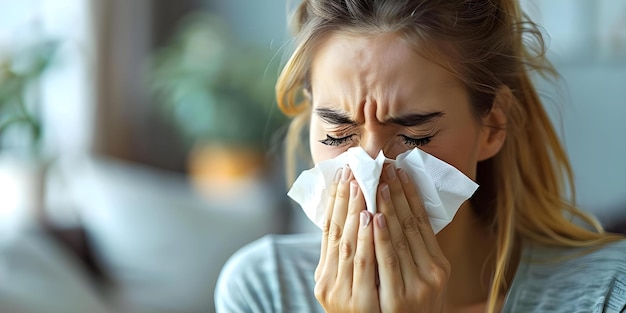Женщина в гостиной чихает в ткань, показывает признаки аллергии или гриппа, выглядит плохо. Концепция Аллергическая реакция Симптомы гриппа Болезнь Чихание в гостиной