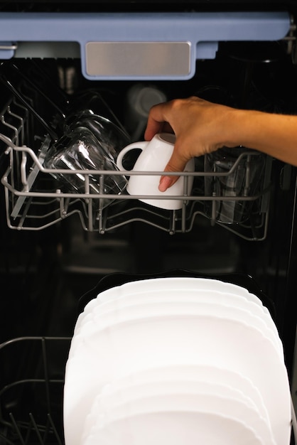 写真 ビルトイン食器洗い機に食器を入れる女性 カップ グラス 皿 手と食器の種類