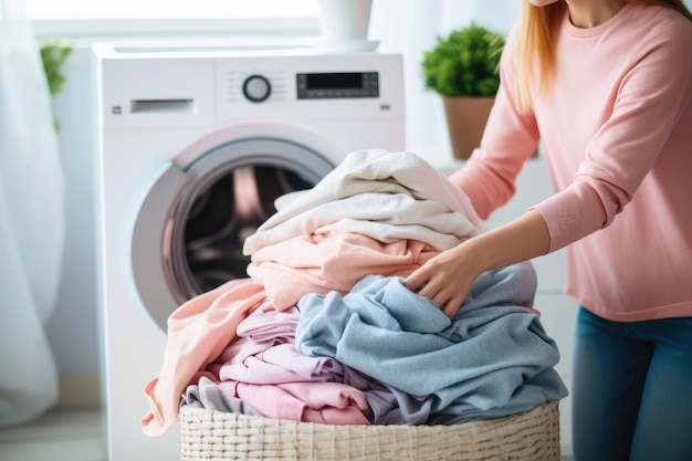 A woman loads a washing machine with laundry from a basket