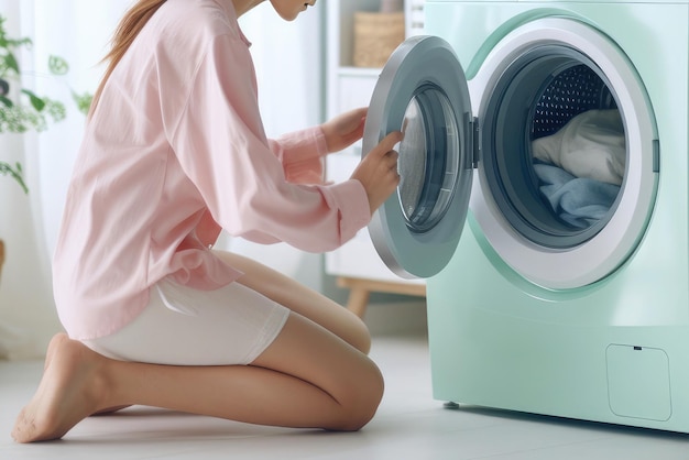 A woman loads a washing machine