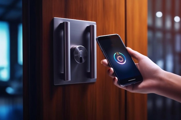 Photo woman locking smartlock on the entrance door using a smart phone concept of using smart electronic locks with keyless access