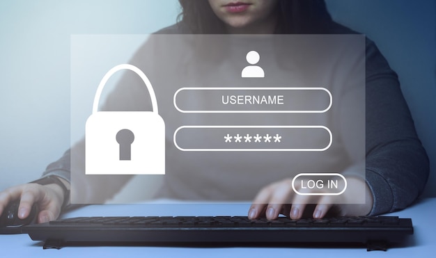 Woman logging in personal user information security information
and encryption cyber security