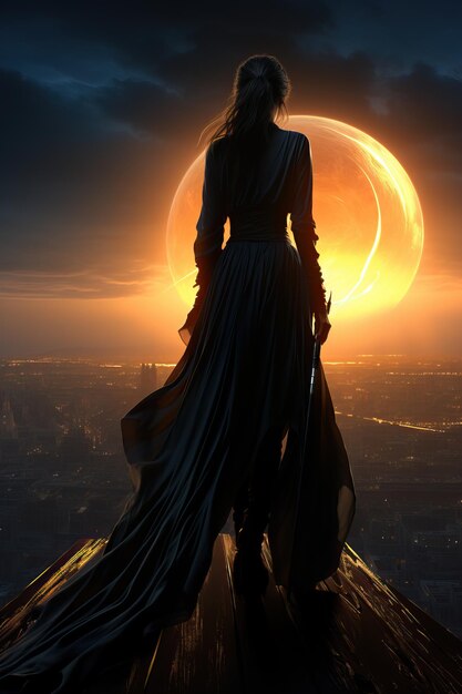 a woman in a long black dress standing on a rooftop overlooking a city