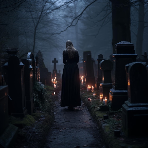 a woman in a long black dress walks through a cemetery at night