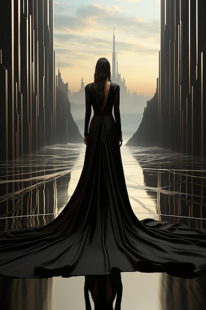 a woman in a long black dress