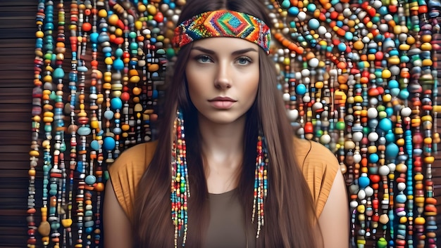 Женщина с длинными каштановыми волосами, красочная повязка на голову стоит перед стеной, разноцветные бусы
