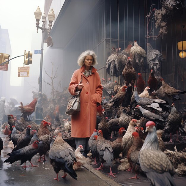 a woman in a long coat stands in front of a flock of birds