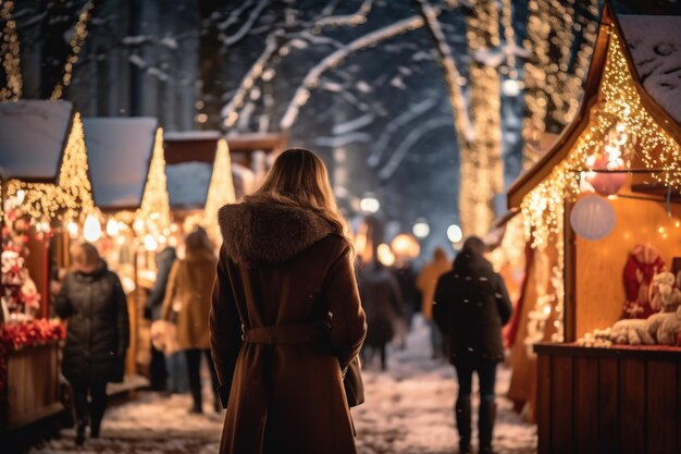 Woman in long coat walking down snowy street