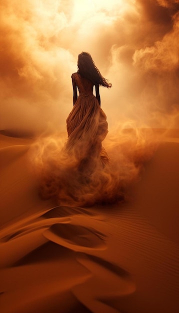 Foto una donna con un lungo vestito nel deserto
