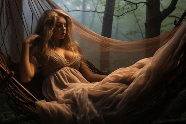 a woman in a long dress is sitting in a hammock in the woods