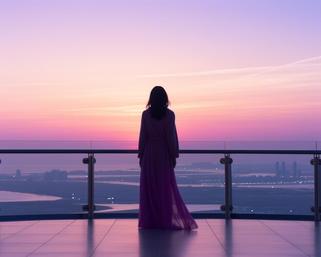 A woman in a long dress standing on a balcony looking at the sunset