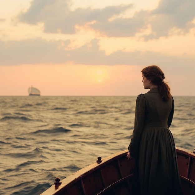 woman in long dress standing on a boat looking out at the ocean generative ai