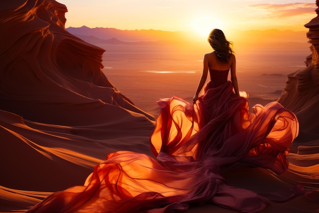 長いドレスを着た女性が砂漠に立っている広大な砂漠の風景の背景に流れるドレスを着た女性が優雅に立っている