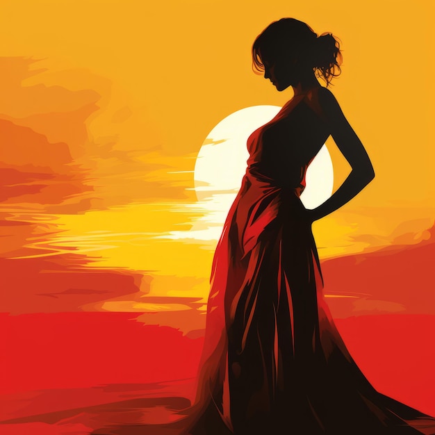 A woman in a long dress standing in front of a sunset