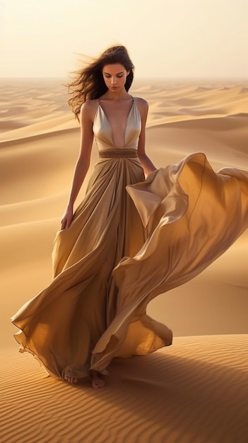 A woman in a long dress stands in the desert