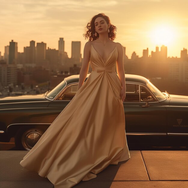 a woman in a long dress stands on a rooftop in front of a car and the sun is setting behind her.