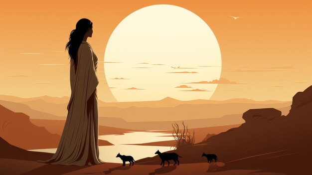 Photo woman in long dress at sunset