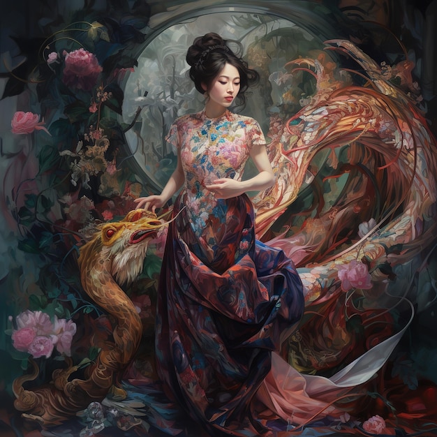 A woman in a long dress with a dragon on it